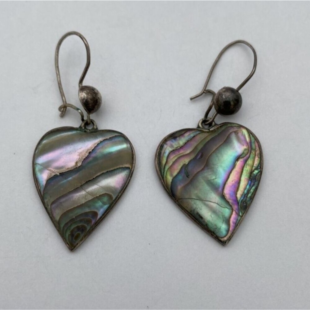 Beautiful Vintage Abalone Heart Earrings - Stamped MEXICO - Sterling Silver